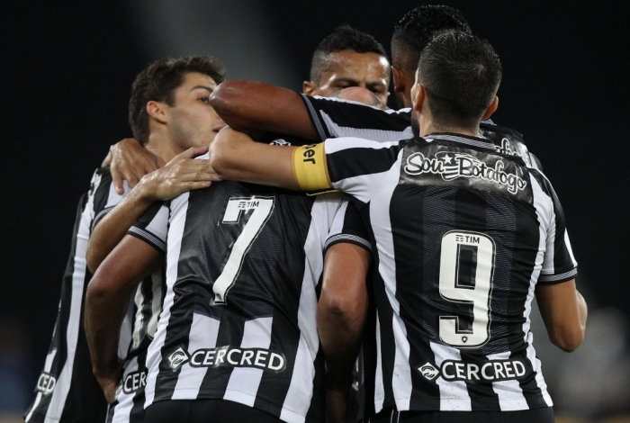 Os jogadores do Botafogo festejam um dos gols da equipe contra a Portuguesa-RJ