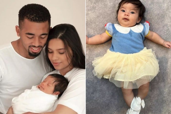 Gabriel Jesus e Raiane Lima celebram terceiro mês de vida da filha, Helena