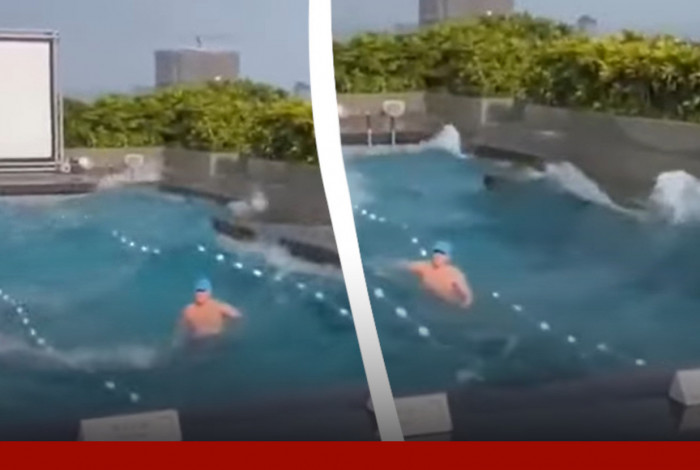 Turista dentro da piscina durante terremoto em Taiwan 