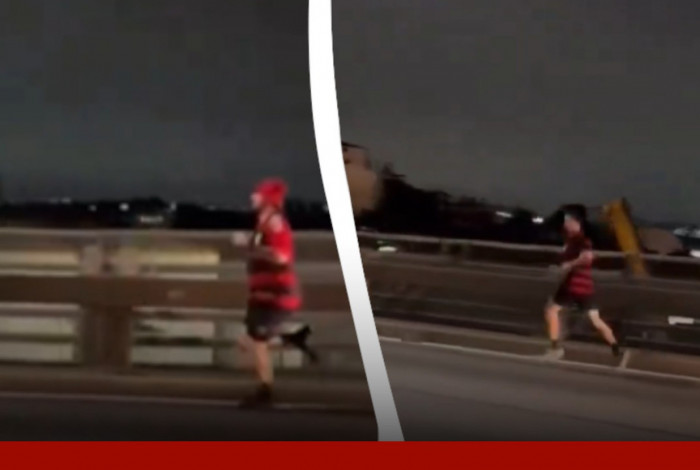 Torcedores do Flamengo correndo na ponte Rio-Niterói