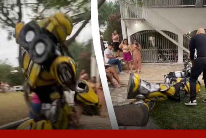 Homem vestido de Bumblebee tropeça e cai durante festa em São Gonçalo